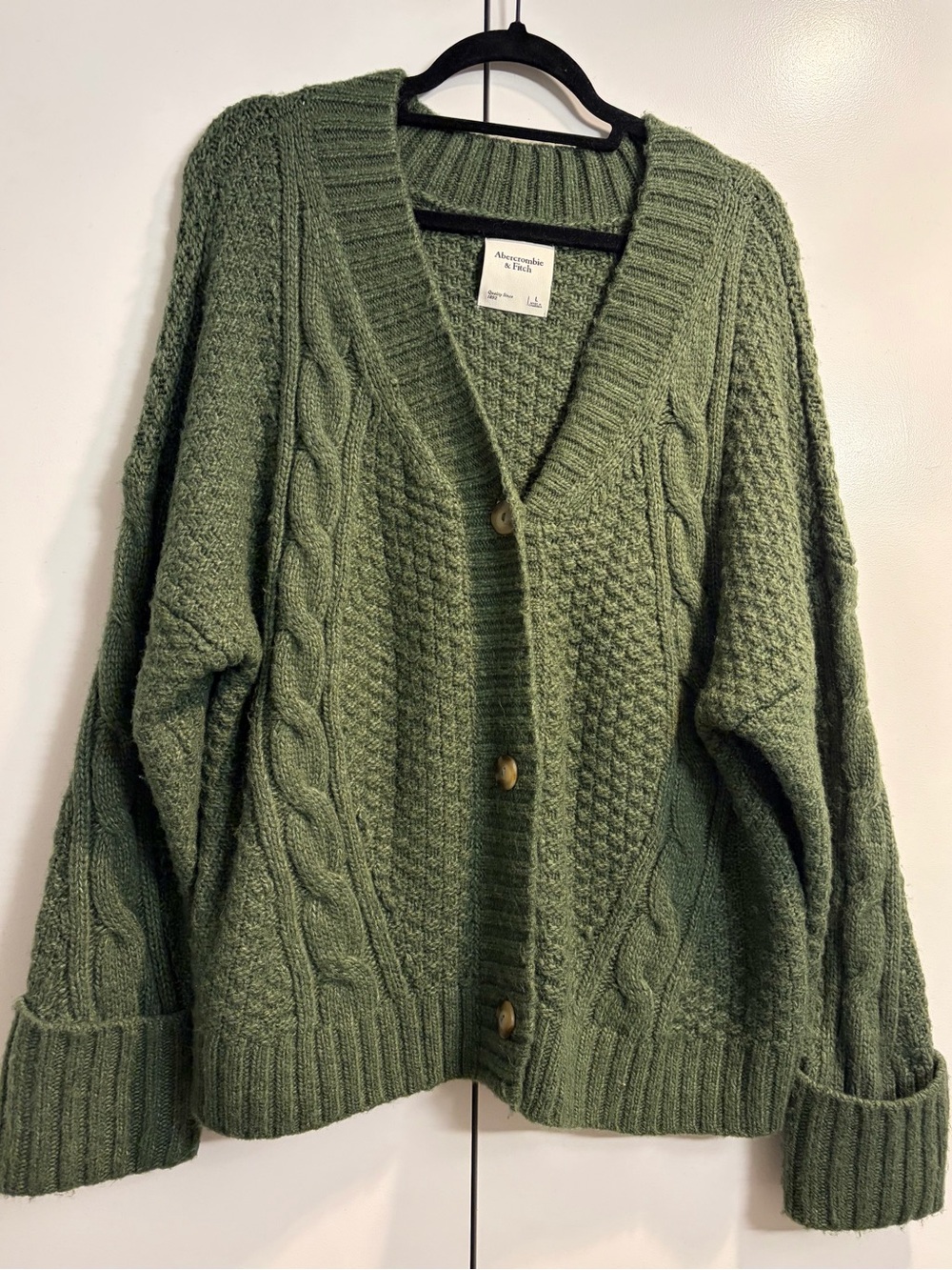 Abercrombie & Fitch Moss Green Cable Knit Button Cardigan
